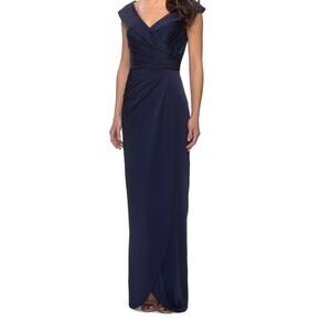 La Femme 25206 Wrap V-Neck Side Slit Maxi Dress Sleeveless Navy Blue Size 4